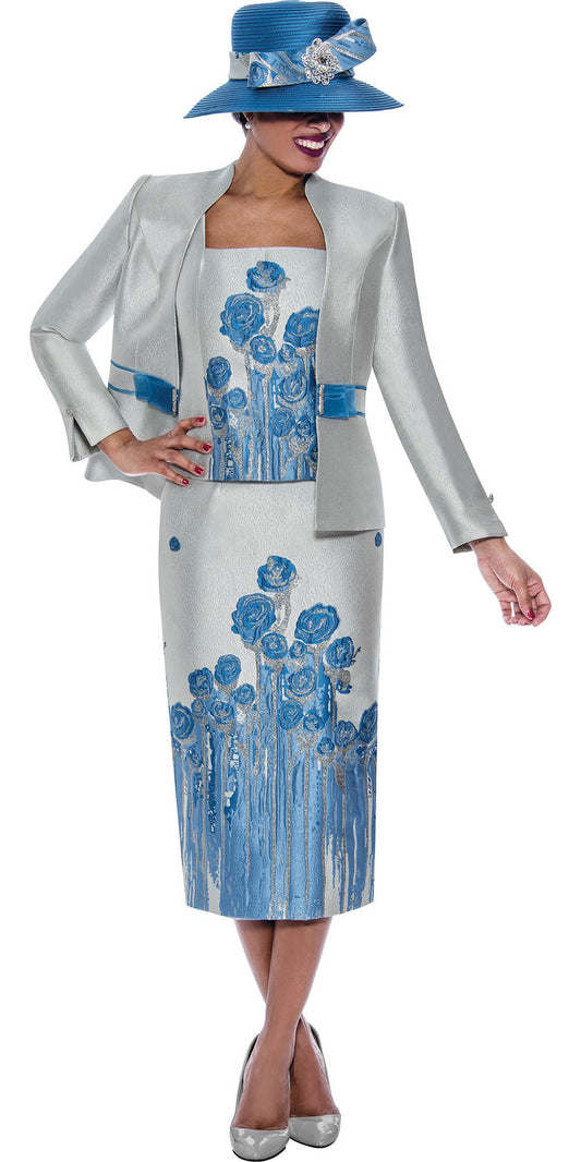 Ben Marc International 2103 - Royal - 3 PC Floral Border Jacquard Skirt Suit