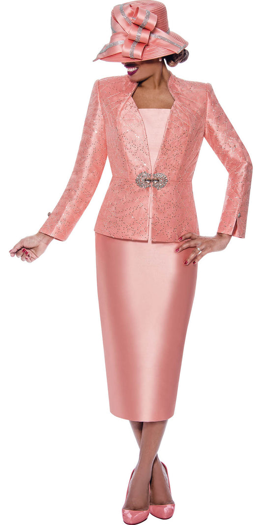 Ben Marc International 2123 - Peach - 3 PC Novelty Overlay and Twill Skirt Suit with Rhinestones