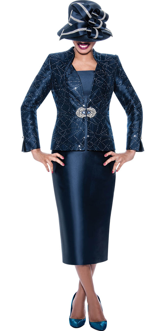 Ben Marc International 2123 - Navy - 3 PC Novelty Overlay and Twill Skirt Suit with Rhinestones