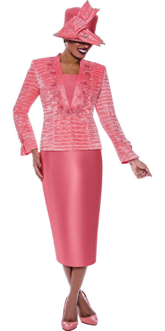 Ben Marc International 2153 - Coral - 3PC Pleated Twill Skirt Suit