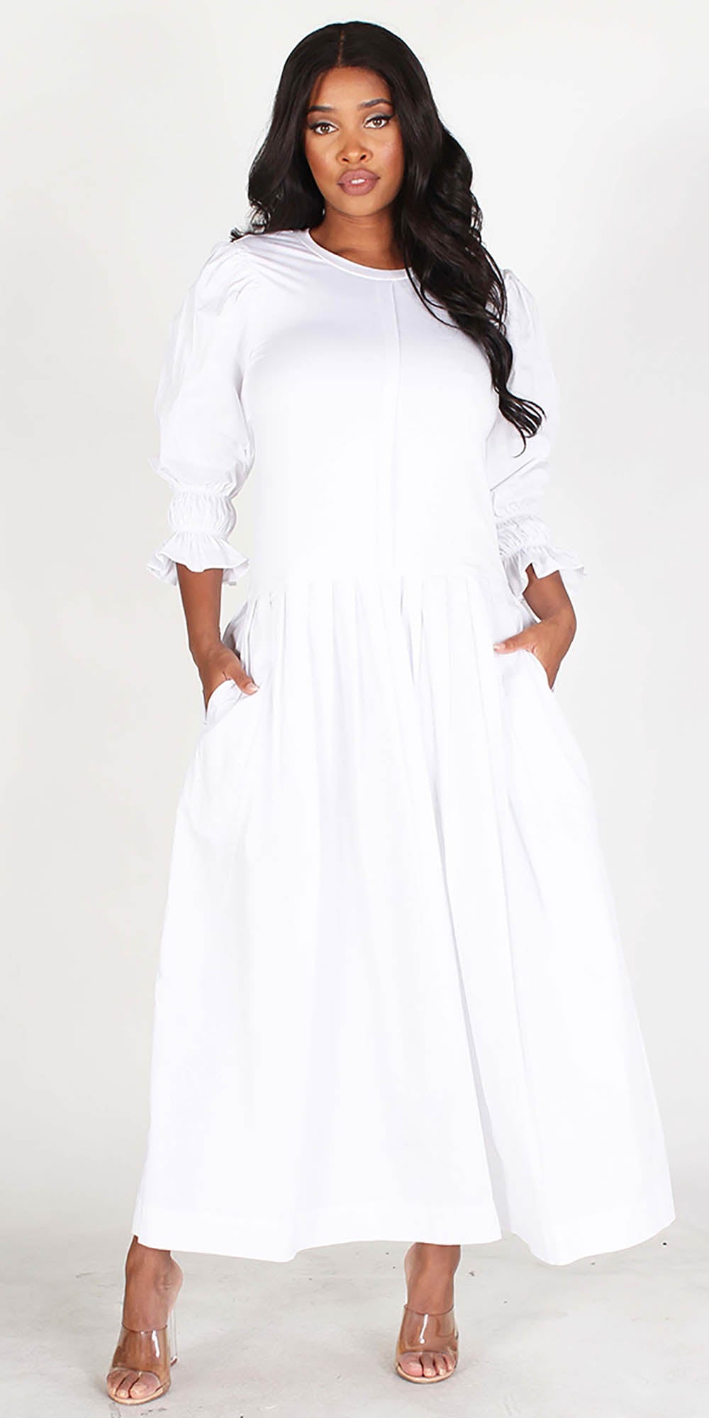 Callimoda EI1896 White - Dropwaist Knit and Woven Maxi Dress