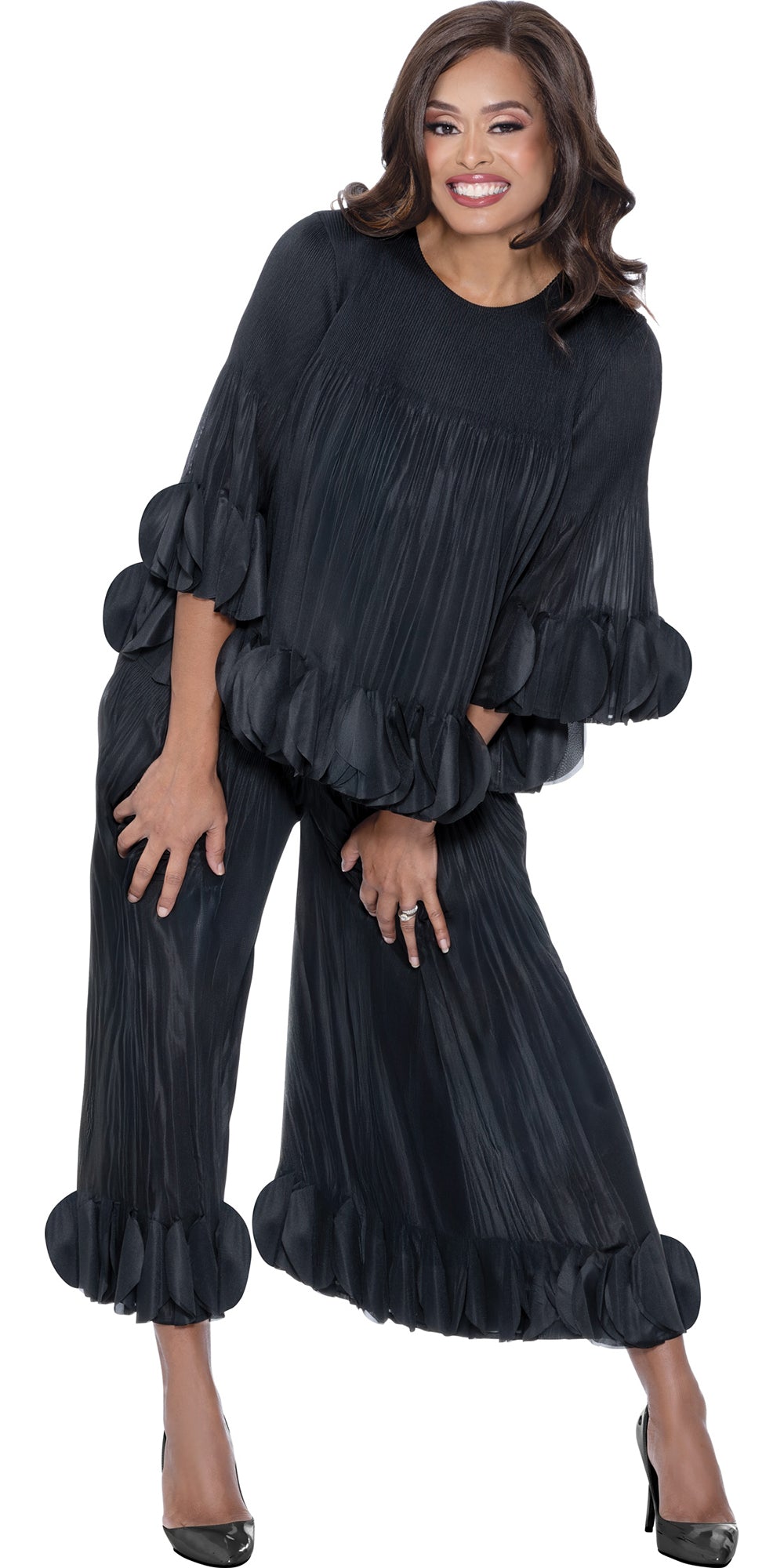 Divine Casuals 1702 - Black - 2 pc Plisse Ruffle Pant Set