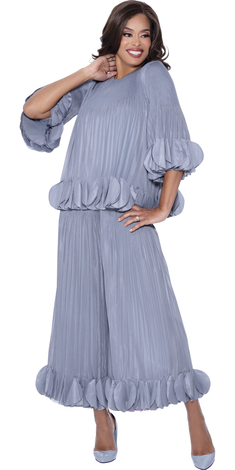 Divine Casuals 1702 - Silver - 2 pc Plisse Ruffle Pant Set