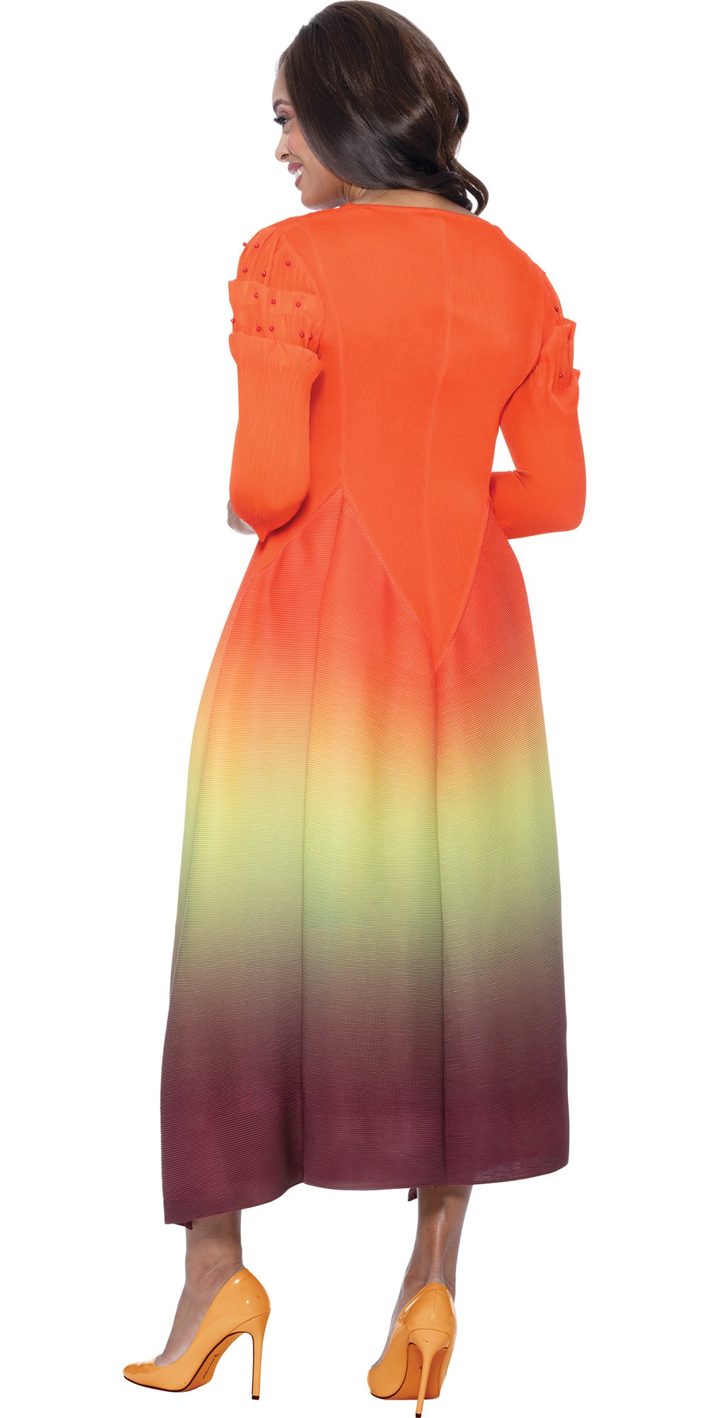 Divine Casuals 1831 - Orange Green - Pleated Pearl Ombre Dress
