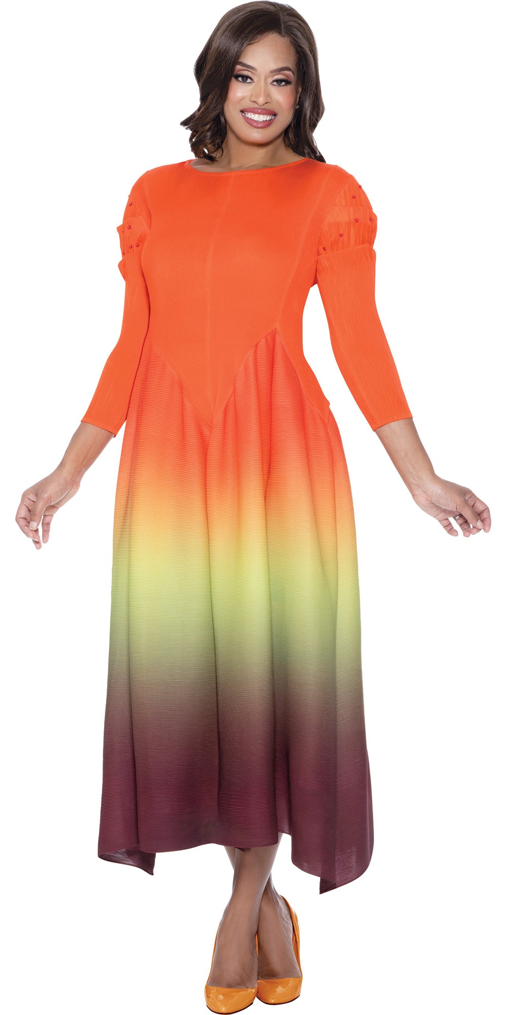 Divine Casuals 1831 - Orange Green - Pleated Pearl Ombre Dress
