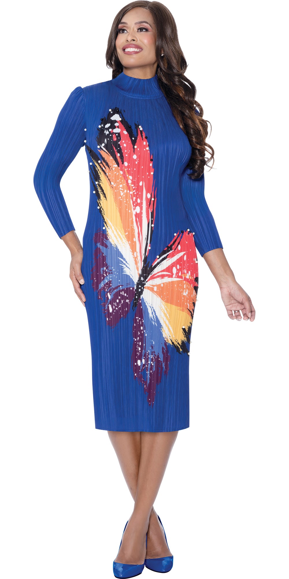 Divine Casuals 1841 - Royal - Butterfly Print Plisse Dress