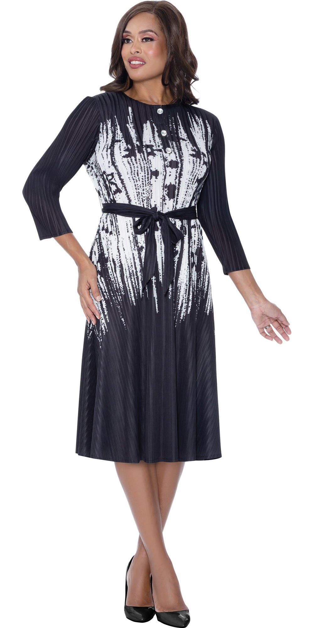 Divine Casuals 1861 - Black White - Print Plisse Dress
