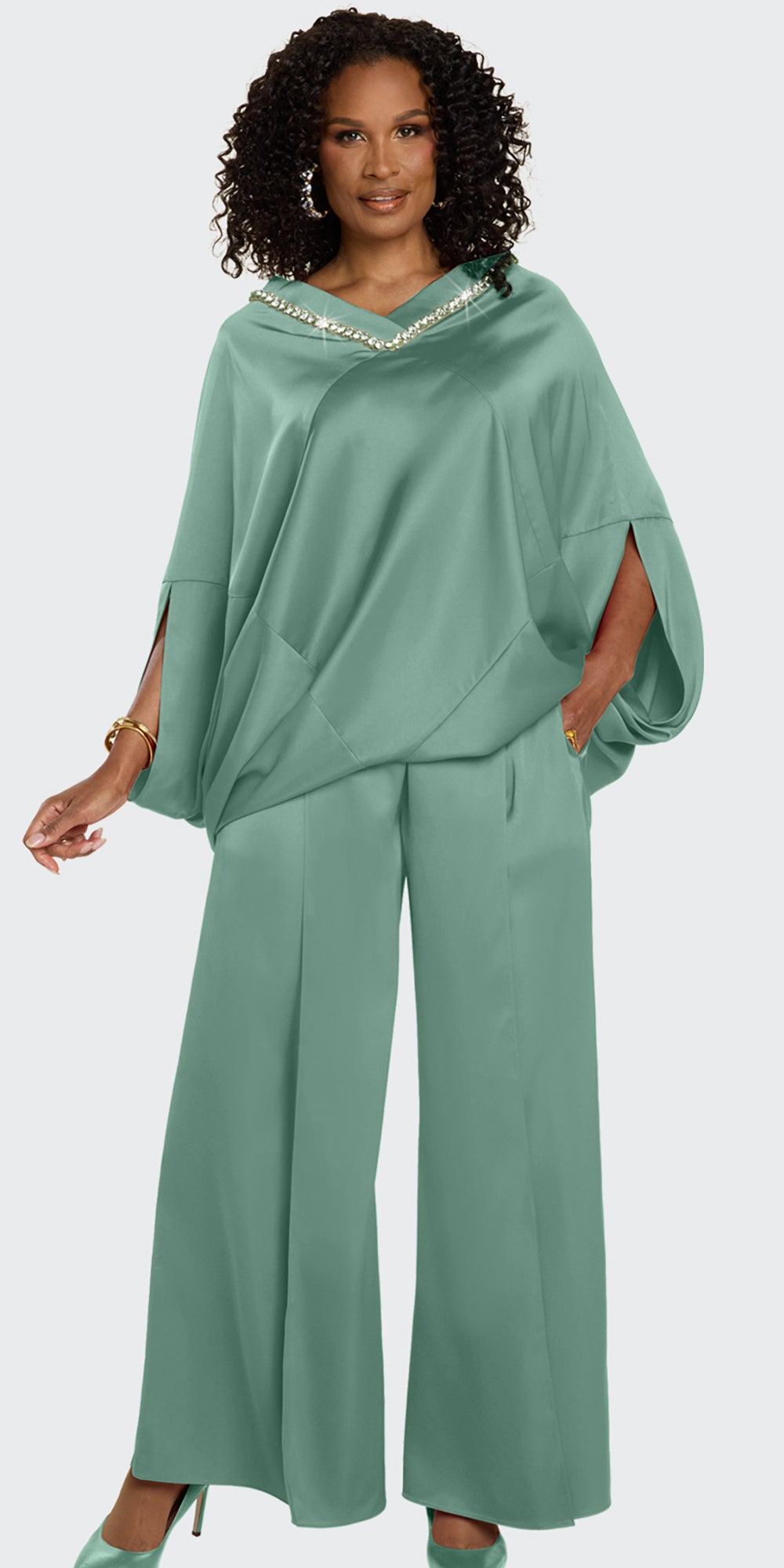 Donna Vinci 12244 - Sage Green - 2 pc Satin Pant Set