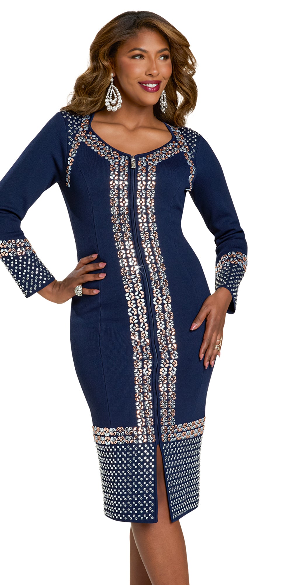 Donna Vinci 13449 - Navy - Rhinestone Rose Gold Dress