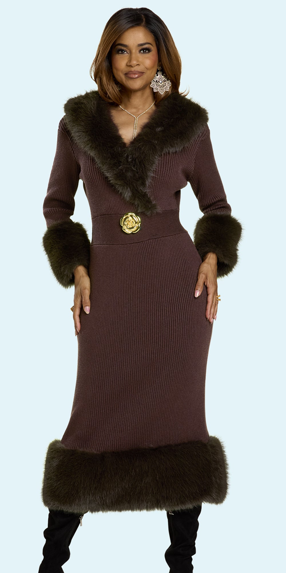 Donna Vinci 13455 - Brown - Knit Dress with Faux Fur