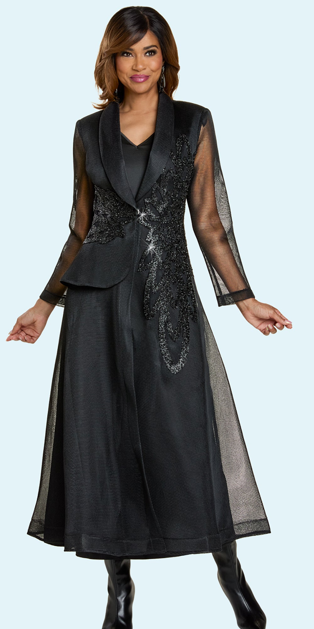 Donna Vinci 5868 - Black Black - 2 pc Mesh Duster Dress