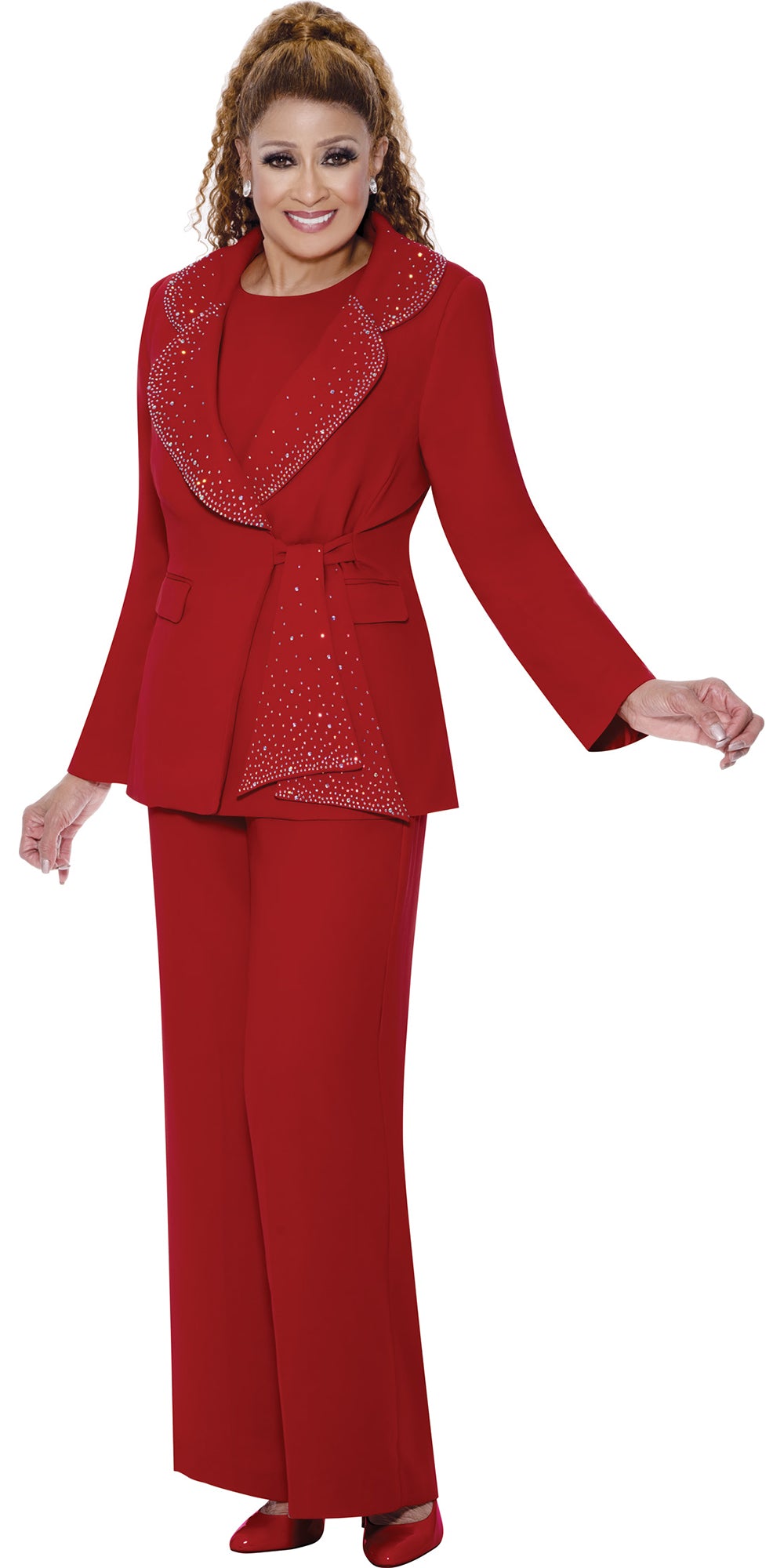 Dorinda Clark Cole 309093 - Red - 3 pc Embellished Crepe Pant Suit