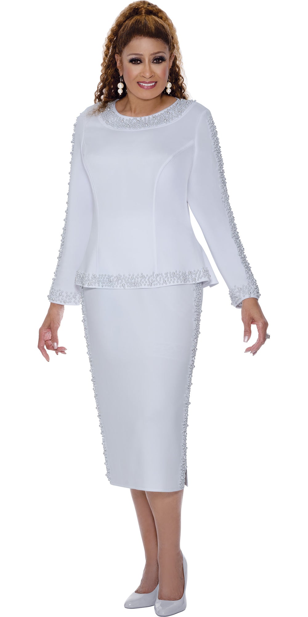 Dorinda Clark Cole 309612 - White - Pearl Trim Skirt Set