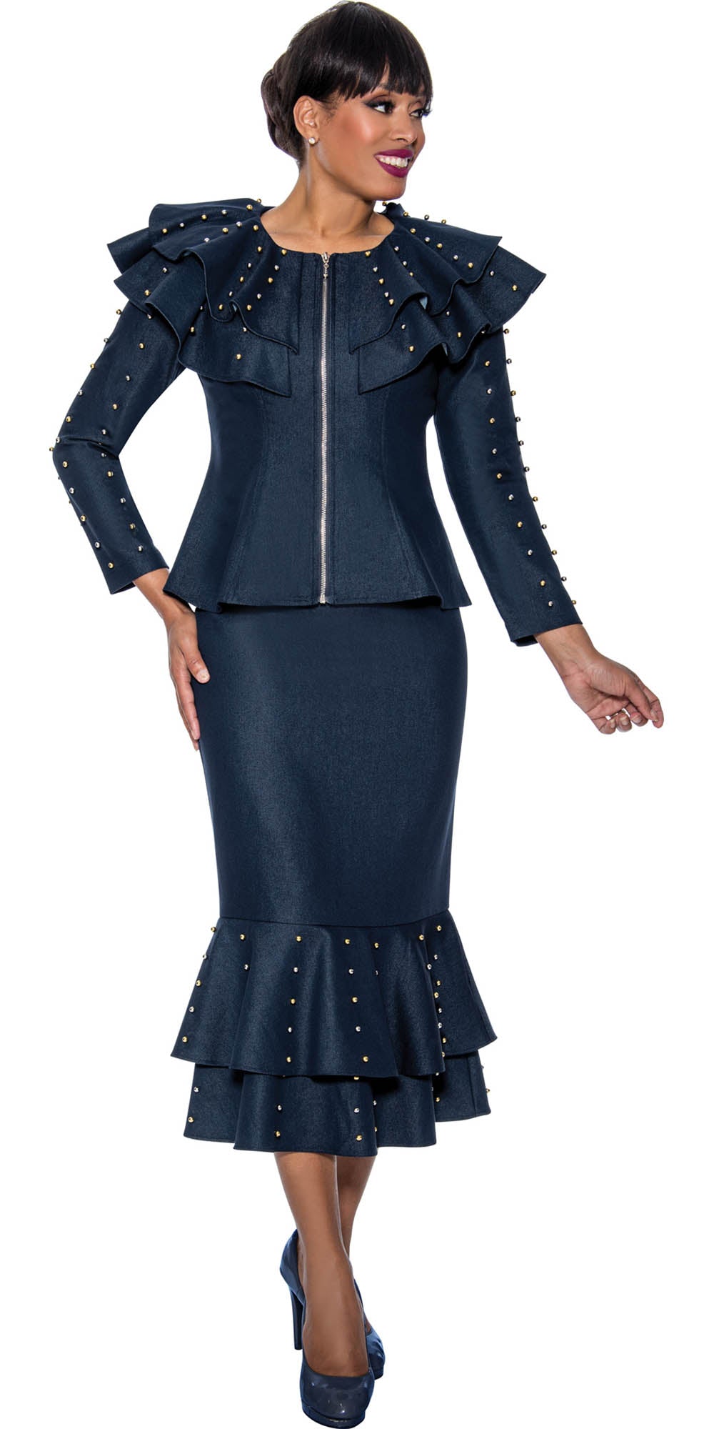 Devine Sport - 63912 - Navy - Embellished Ruffle Hem Denim 2pc Skirt Set
