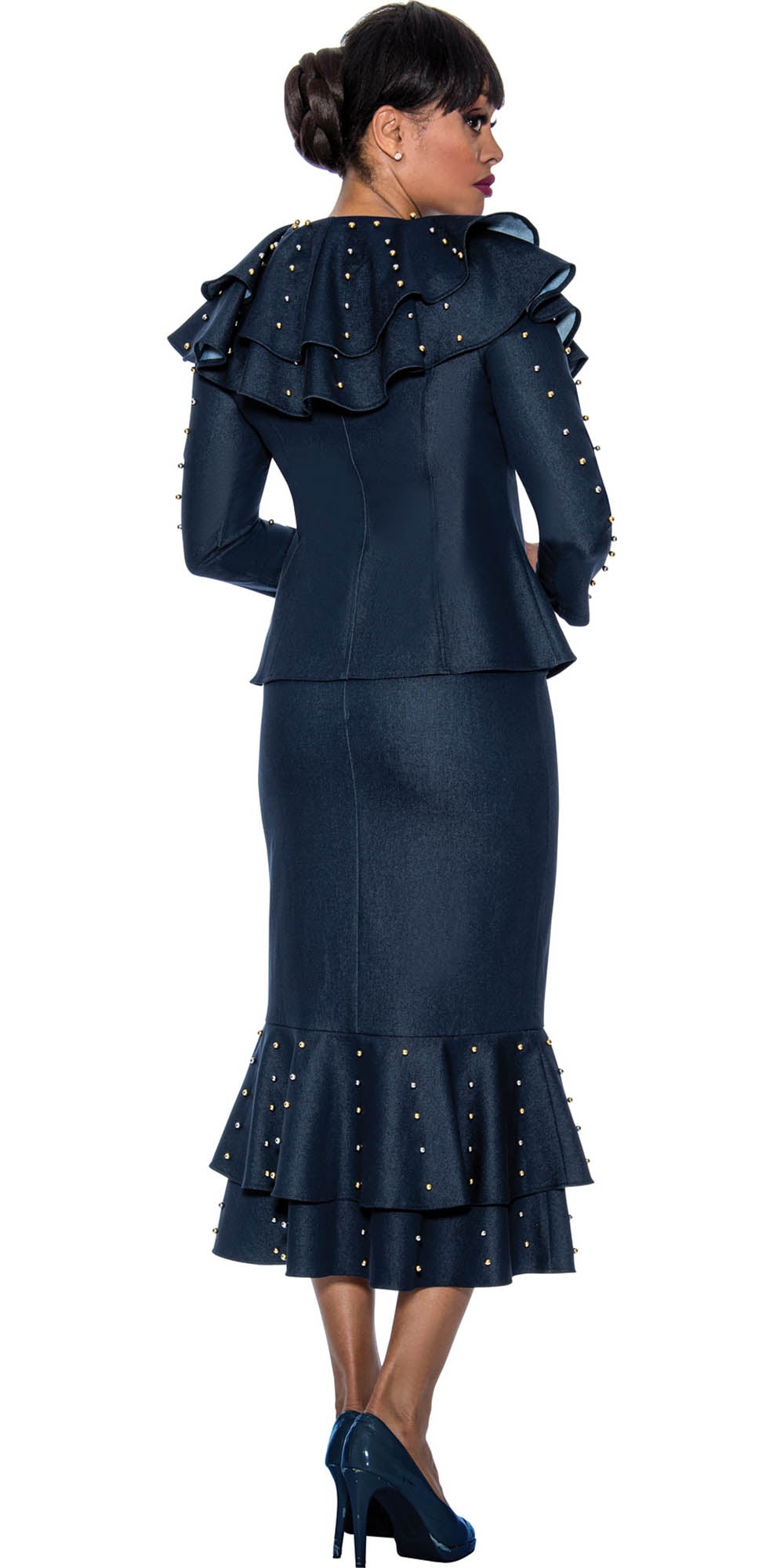 Devine Sport - 63912 - Navy - Embellished Ruffle Hem Denim 2pc Skirt Set