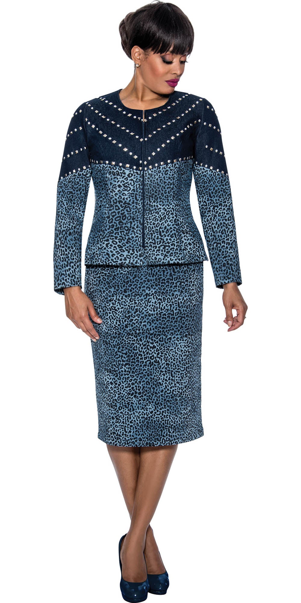 Devine Sport - 63933 - Blue - Animal Print Embellished Denim 3pc Skirt Set