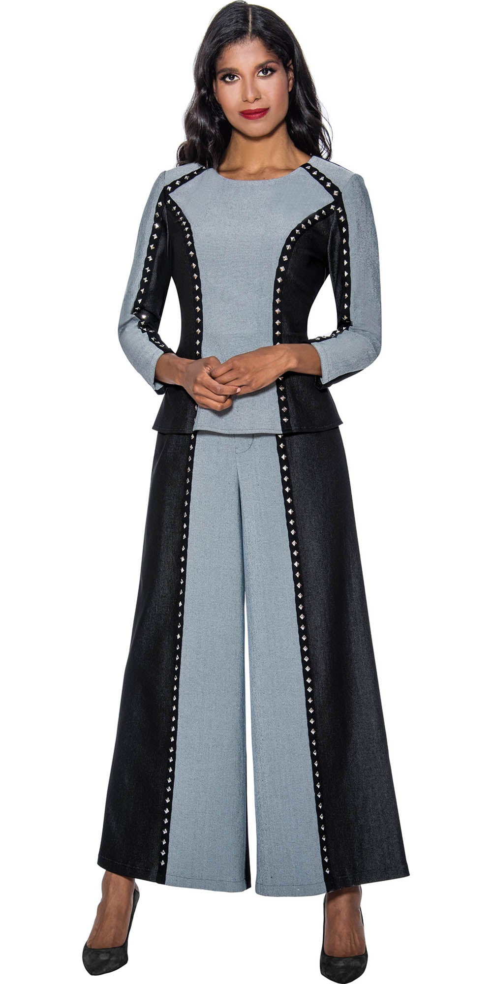 Devine Sport - 63942 - Black Silver - Two-tone Embellished Denim 2pc Pant Set