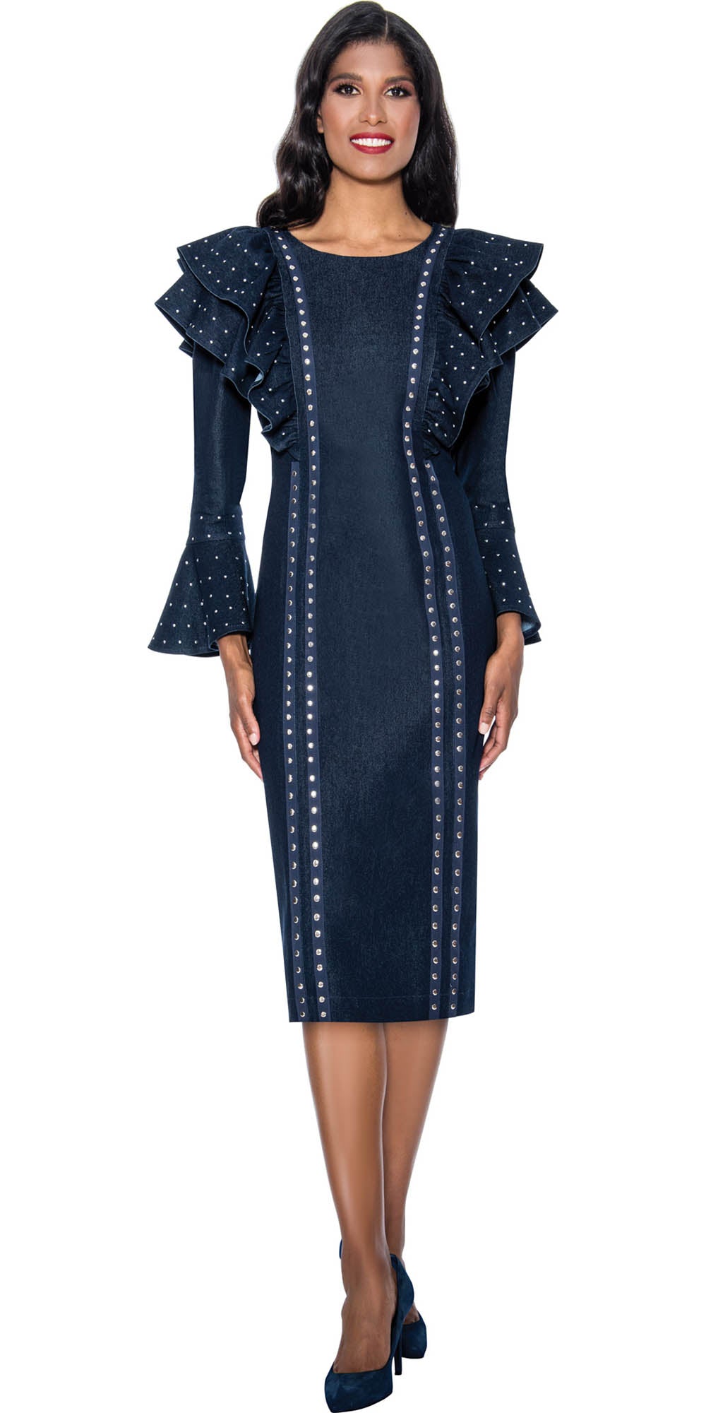 Devine Sport - 63971 - Navy - Layered Embellished Shoulder Trim Denim Dress