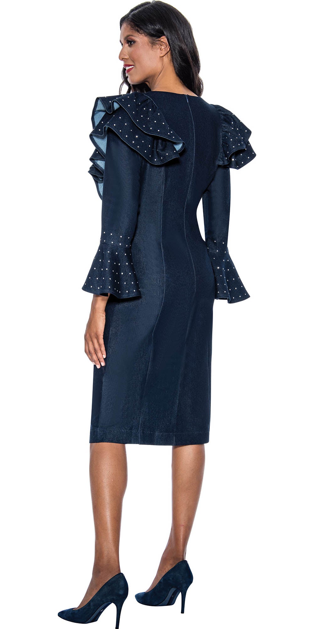 Devine Sport - 63971 - Navy - Layered Embellished Shoulder Trim Denim Dress