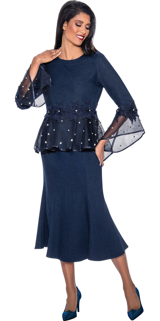 Devine Sport 63992 - Navy - Embellished Denim Skirt Suit With Sheer Cuffs and Peplum