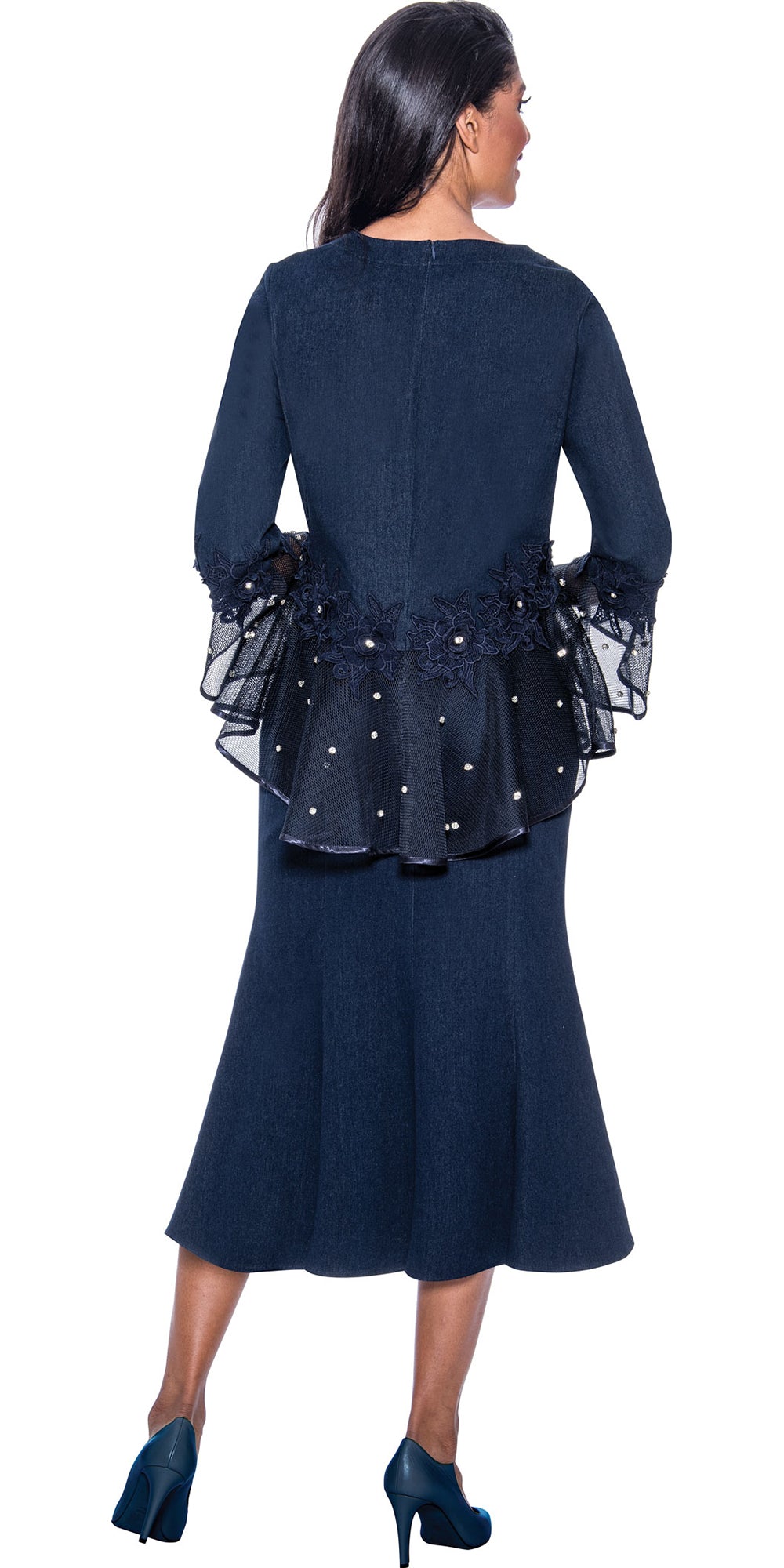 Devine Sport 63992 - Navy - Embellished Denim Skirt Suit With Sheer Cuffs and Peplum