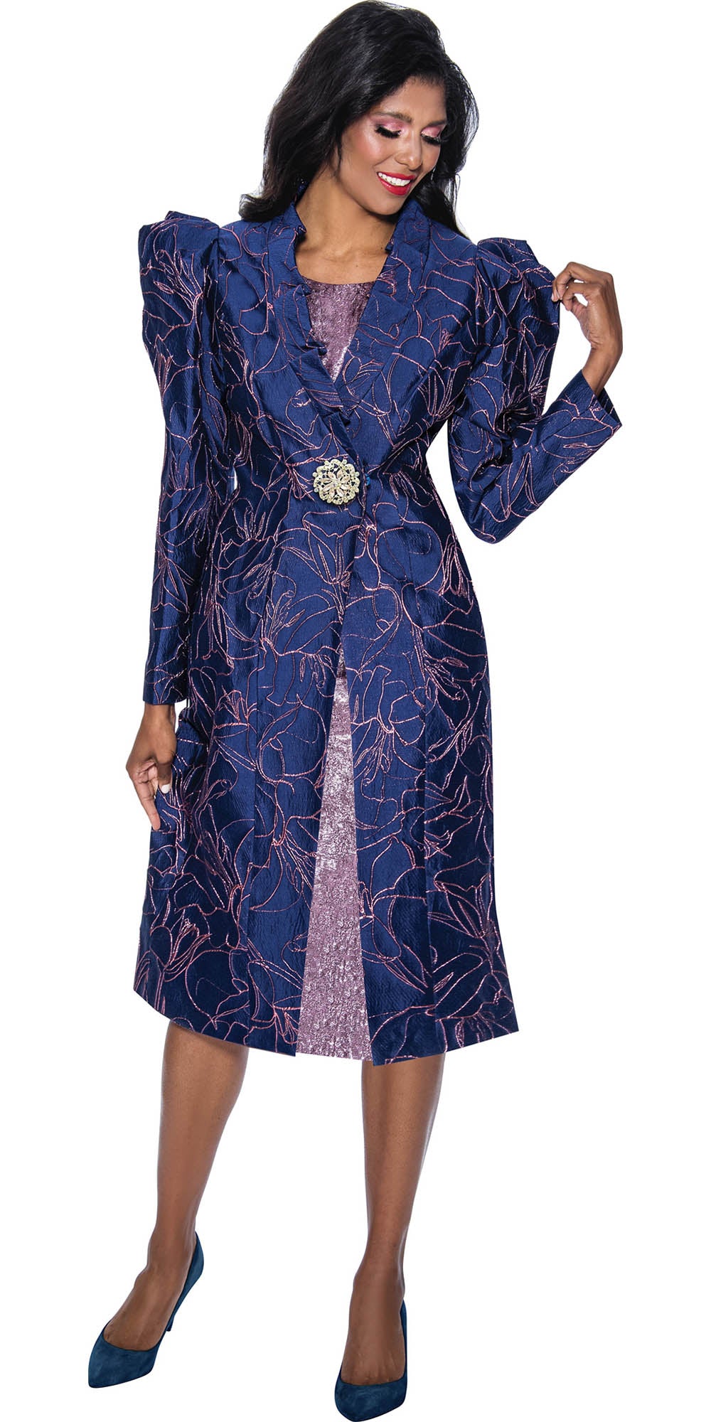 Divine Queen - 2182 - Embossed Puff Sleeve 2pc Jacket Dress