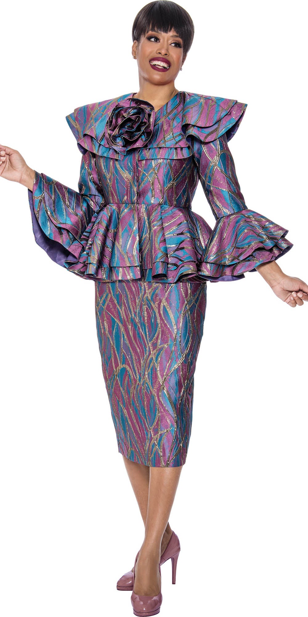 Divine Queen - 2212 - Print Layered Shoulder and Cuffs Ruffled Peplum 2pc Skirt Suit