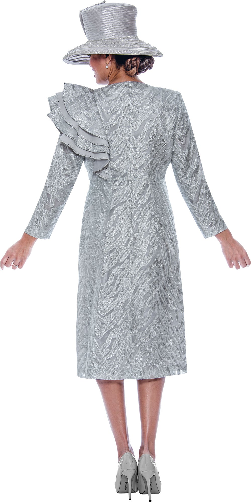 Divine Queen 2262 - Light Silver - 2PC Metallic Jacquard Jacket With Shoulder Ruffle and Silky Twill Dress