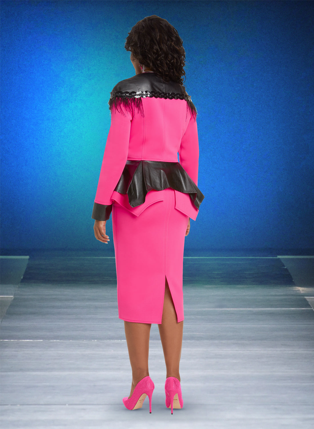 Donna Vinci - 12030 - Fuchsia Black - Faux Leather and Feather Trim Scuba 2pc Skirt Suit