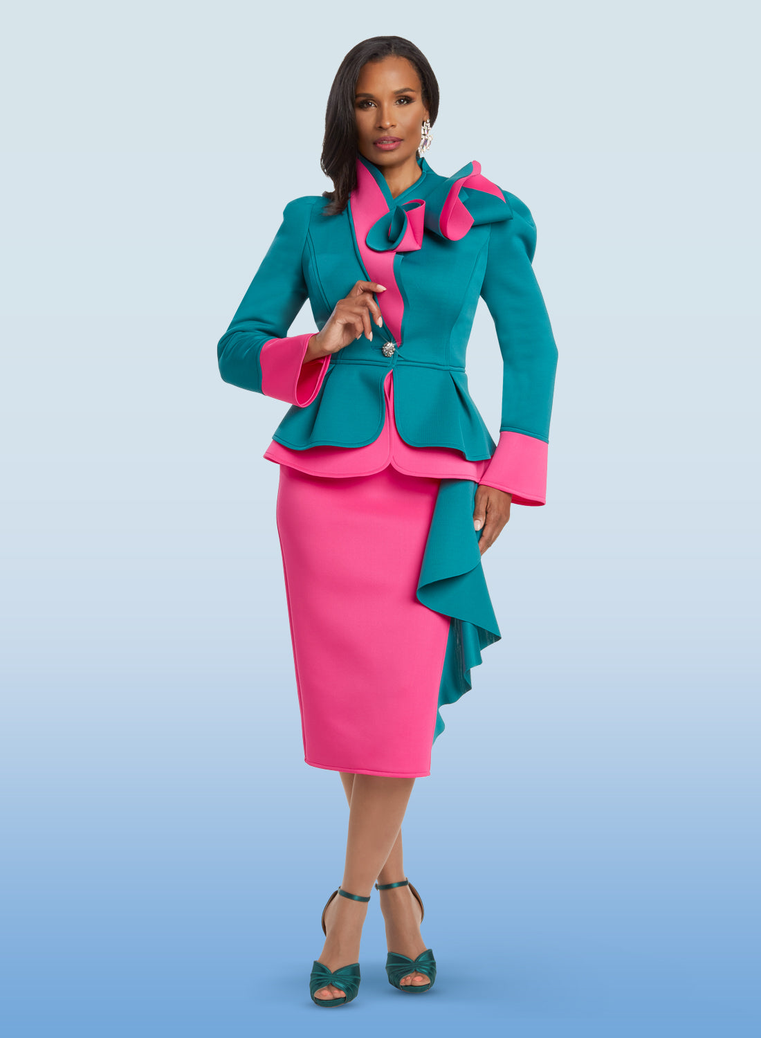 Donna Vinci - 12032 - Teal Fuchsia - Two-tone Peplum Scuba 2pc Skirt Suit with Side Cascade