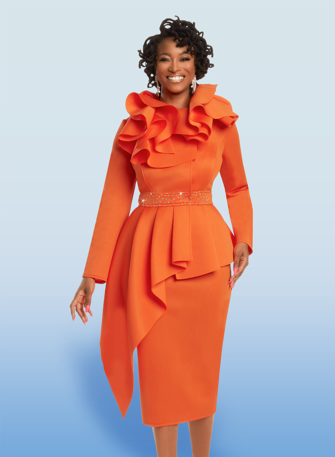 Donna Vinci - 12036 - Orange - Ruffle Collar Scuba 2pc Skirt Suit with Asymmetric Skirt