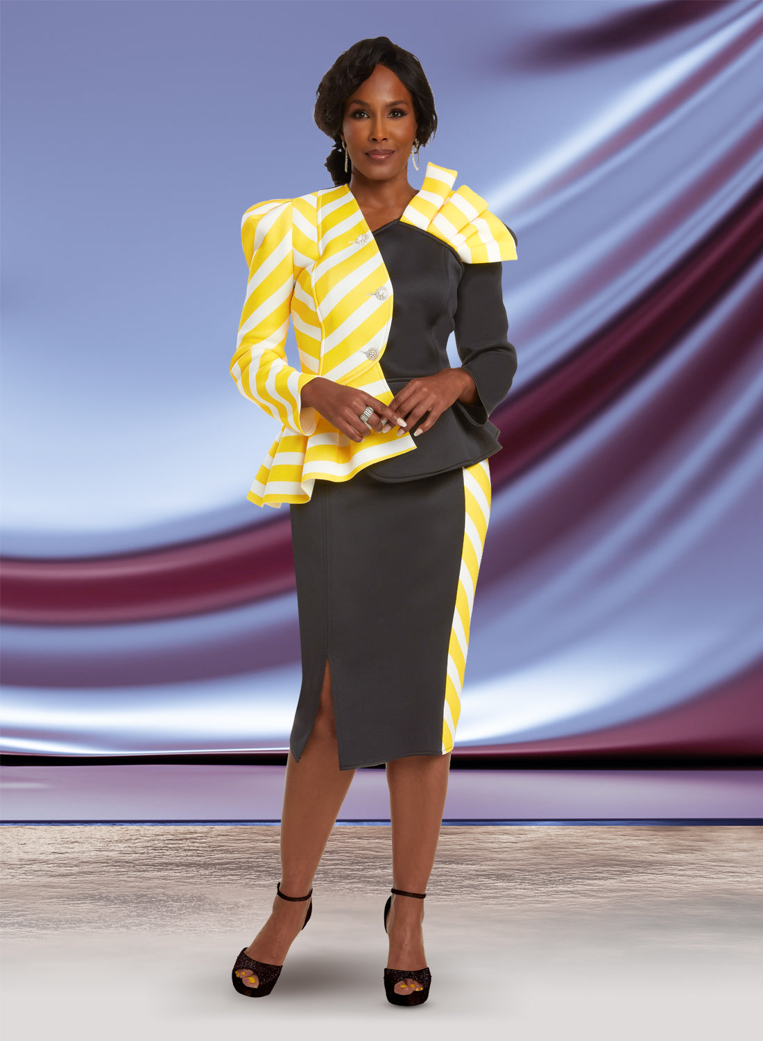 Donna Vinci - 12037 - Black Yellow White - Colorblock Scuba 2pc Skirt Suit