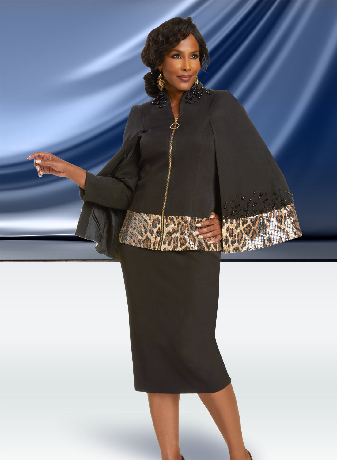 Donna Vinci - 12041 - Black - Animal Print Sequin Trim Cape 2pc Skirt Suit with Black Pearl Embellishments