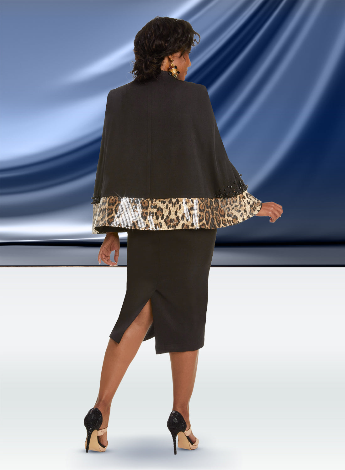 Donna Vinci - 12041 - Black - Animal Print Sequin Trim Cape 2pc Skirt Suit with Black Pearl Embellishments