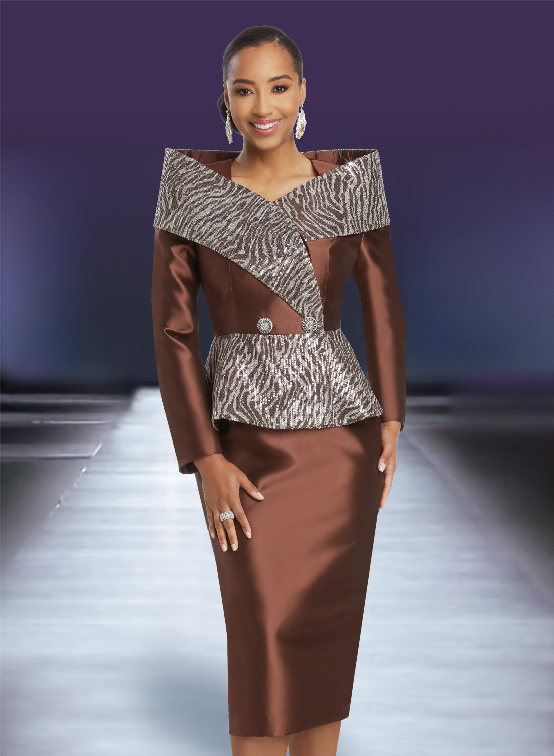 Donna Vinci - 12045 - Brown - Animal Print Sequin Trim Peplum 2pc Skirt Suit