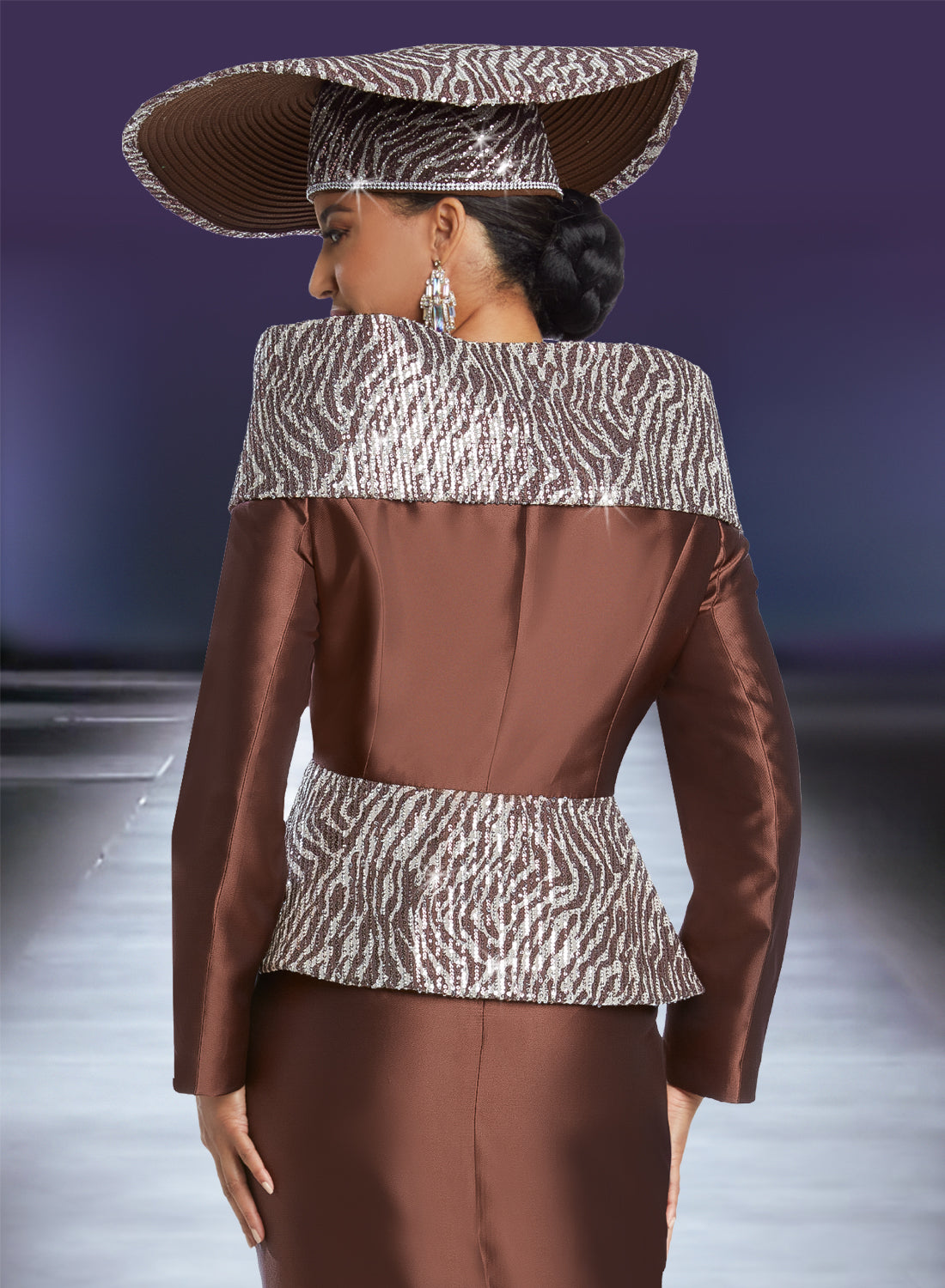 Donna Vinci - 12045 - Brown - Animal Print Sequin Trim Peplum 2pc Skirt Suit