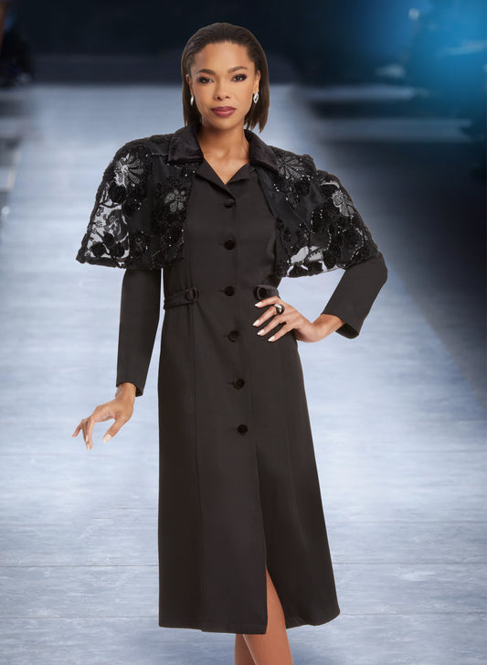Donna Vinci - 12046 - Black Velvet and Lace Capelet Dress