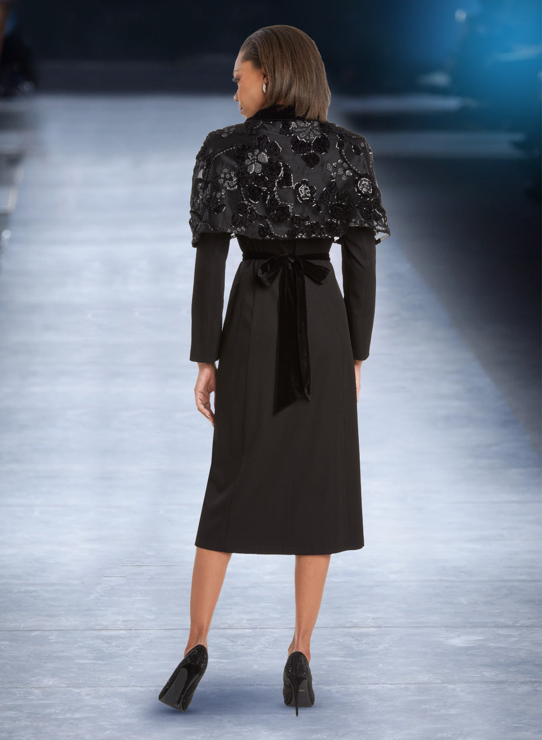 Donna Vinci - 12046 - Black Velvet and Lace Capelet Dress