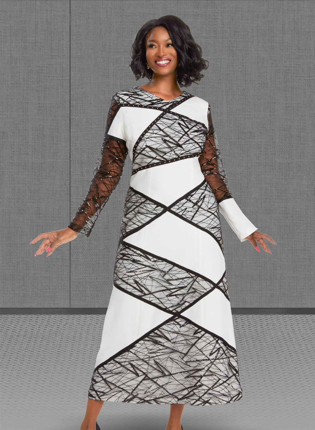 Donna Vinci - 12061 - Off White Black - Sequin and Lace Novelty Dress