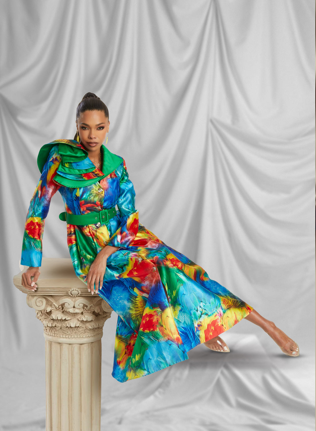 Donna Vinci - 12062 - Multi - Print Ruffle Collar Dress with Belt