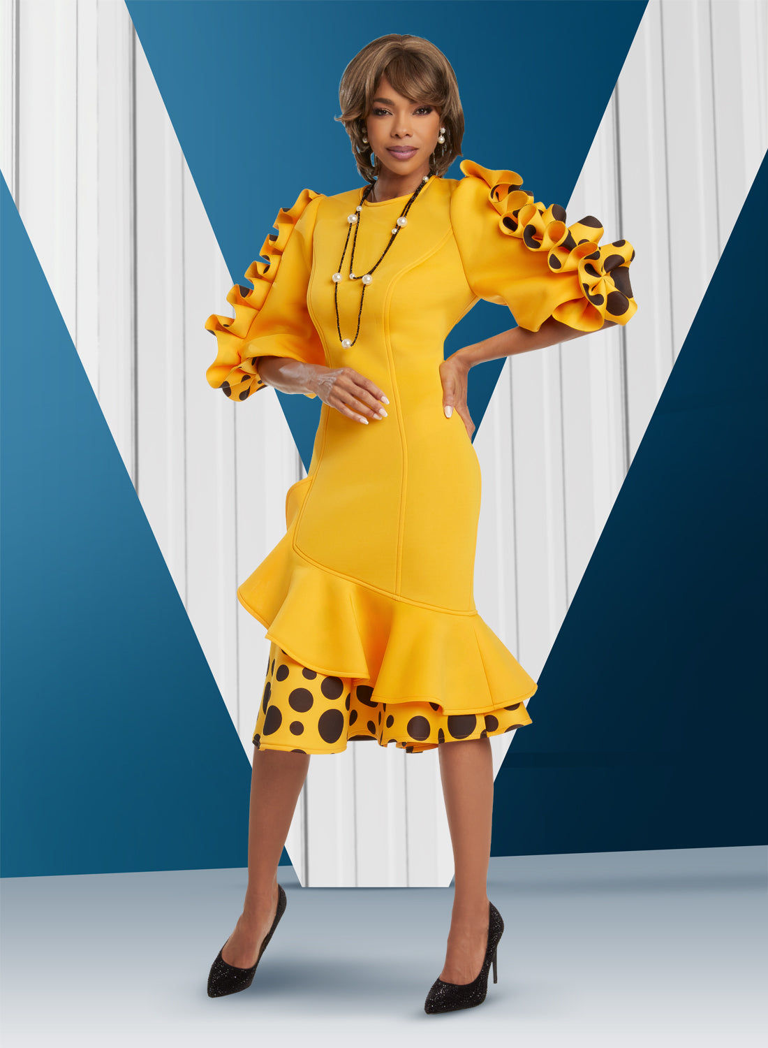 Donna Vinci - 12067 - Yellow - Ruffle Trim Scuba Dress with Polka Dots