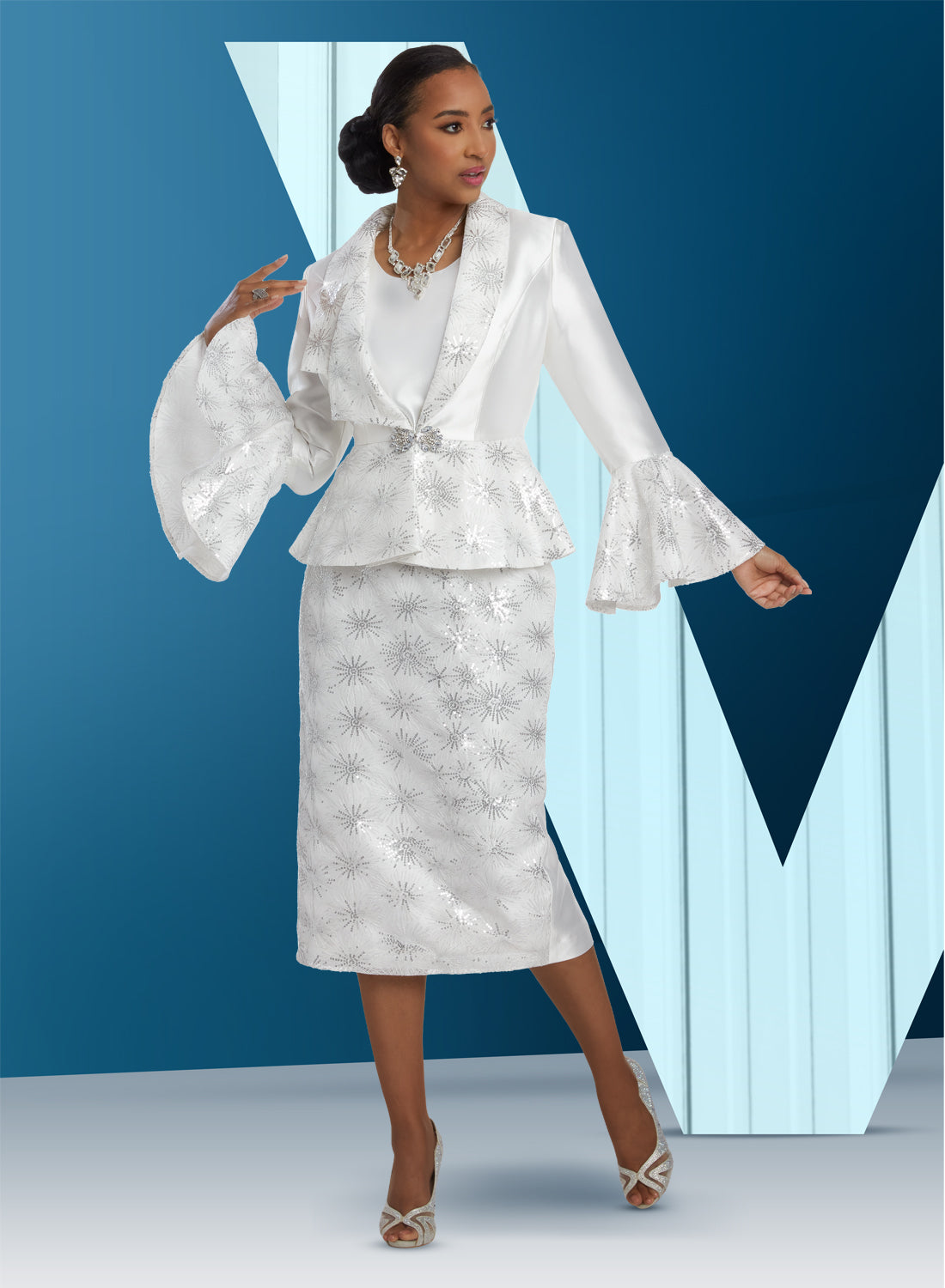 Donna Vinci - 12073 - OffWhite - Sequin Embellished 3pc Skirt Suit