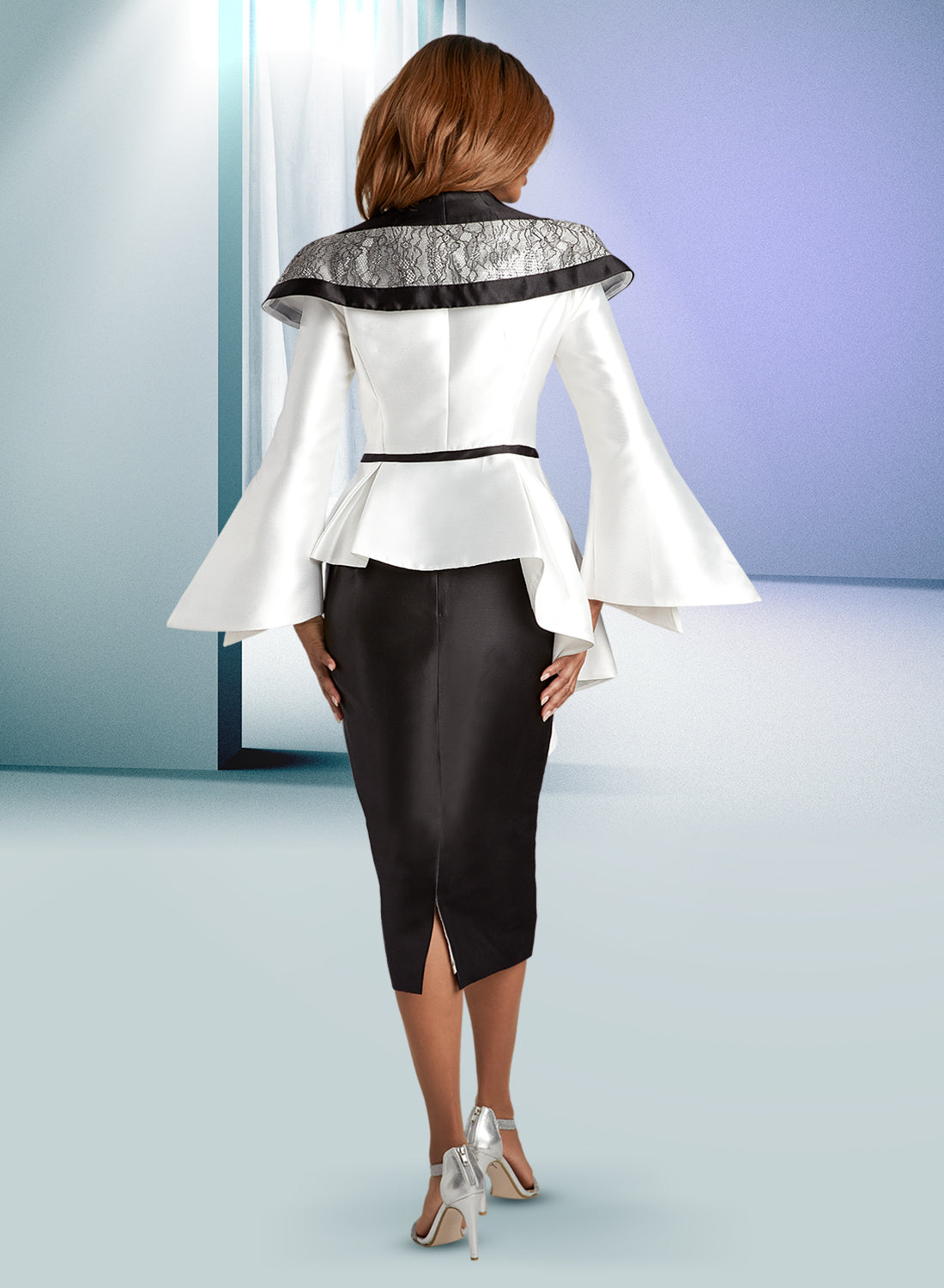 Donna Vinci 12080 - White Black - Rhinestone Button Skirt Suit