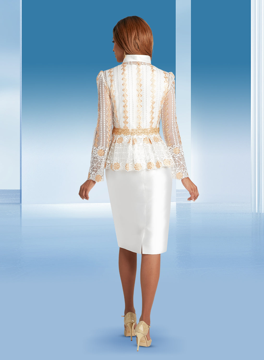 Donna Vinci 12101 - White Gold - Lace Sleeve Gold Trim Jacket with Dress