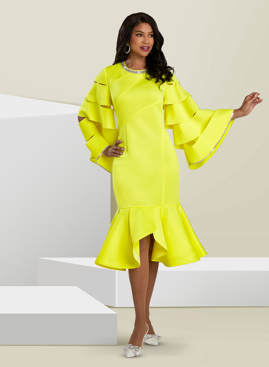 Donna Vinci 12113 - Neon Yellow - Scuba Rhinestone Trim Dress