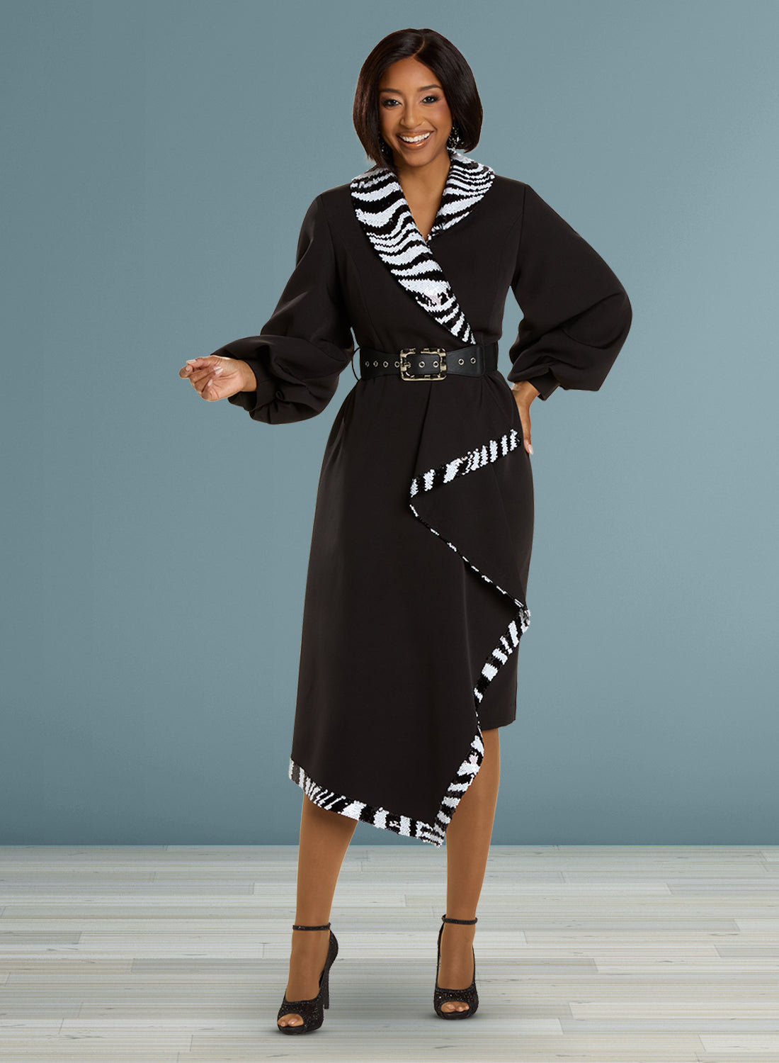 Donna Vinci 12124 - Black - Animal Print Sequin Trim Dress