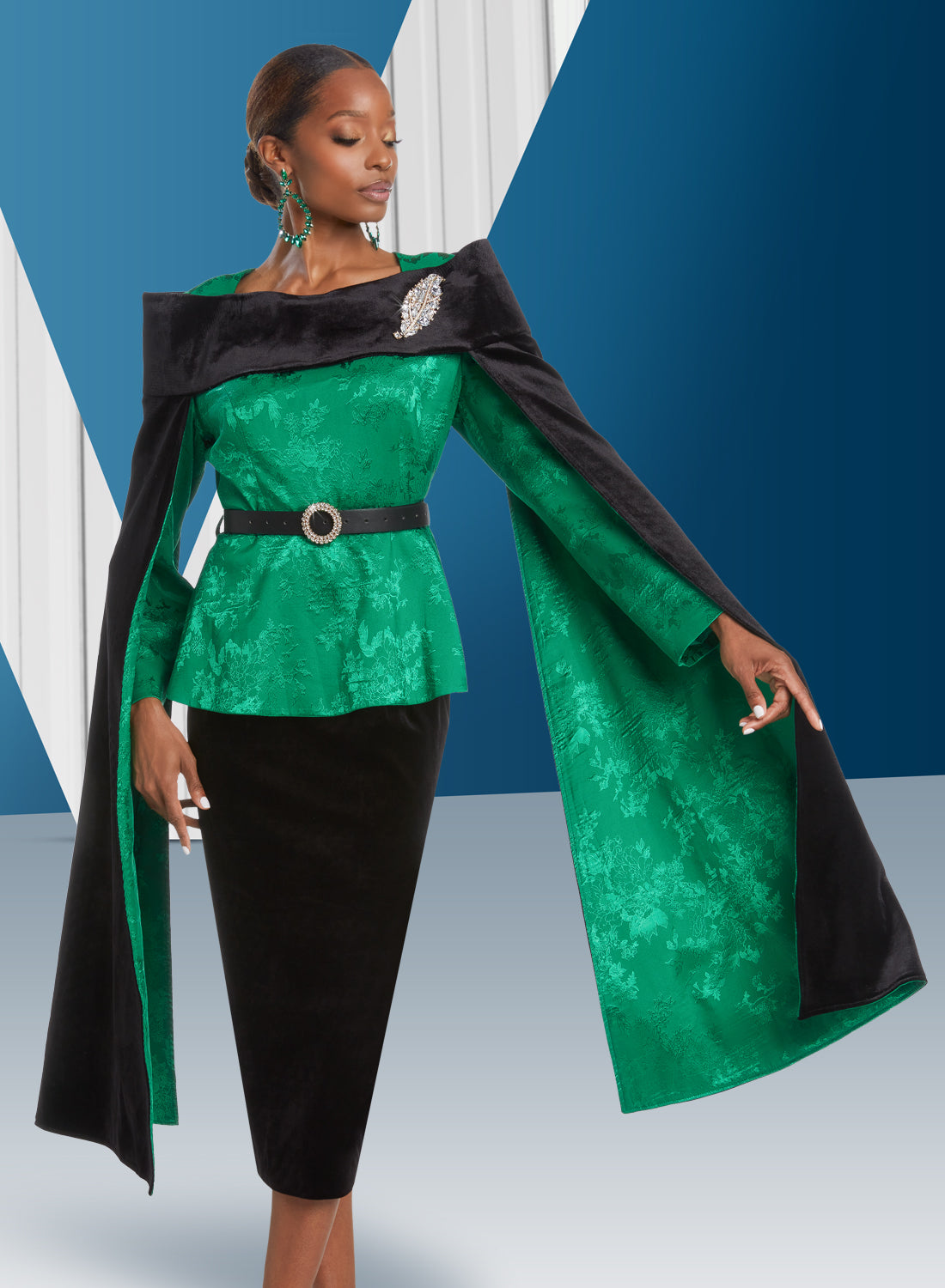 Donna Vinci - 5810 - Green Black - Velvet Cape 2pc Skirt Suit