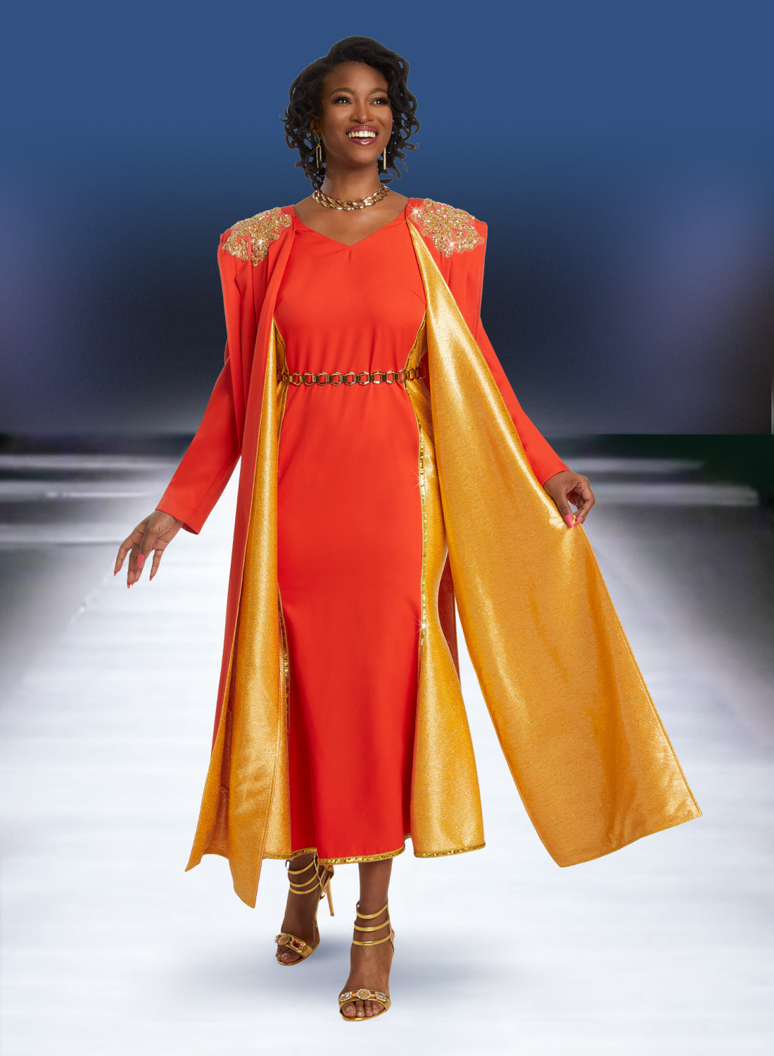 Donna Vinci - 5816 - Orange Gold - Two-tone Capelet Belted Dress