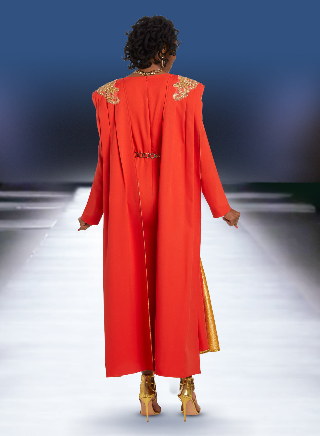 Donna Vinci - 5816 - Orange Gold - Two-tone Capelet Belted Dress