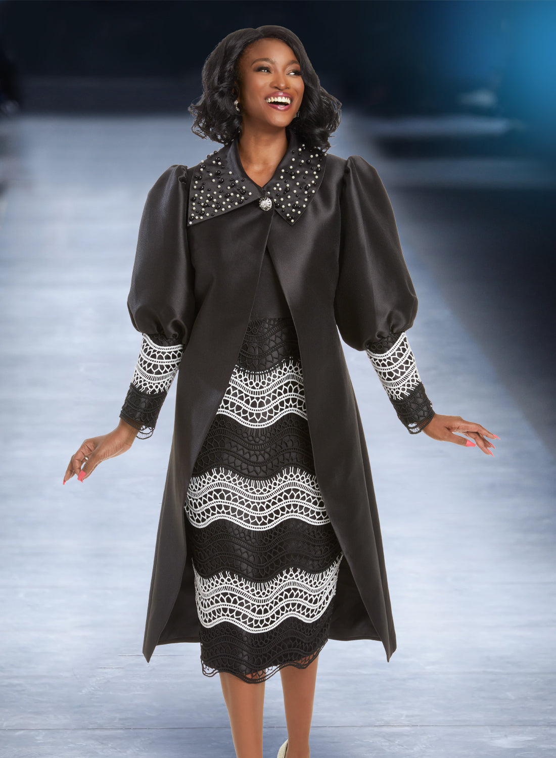 Donna Vinci - 5817 - Black White - Guipure Lace and Pearl 2pc Jacket Dress